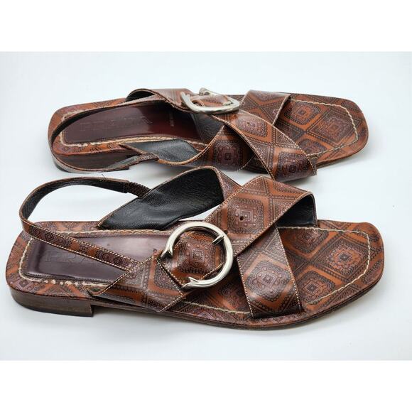 Prada - Cross Strap Leather Slingback Sandal Slide Low Heel Brown Size 40 - Picture 3 of 12